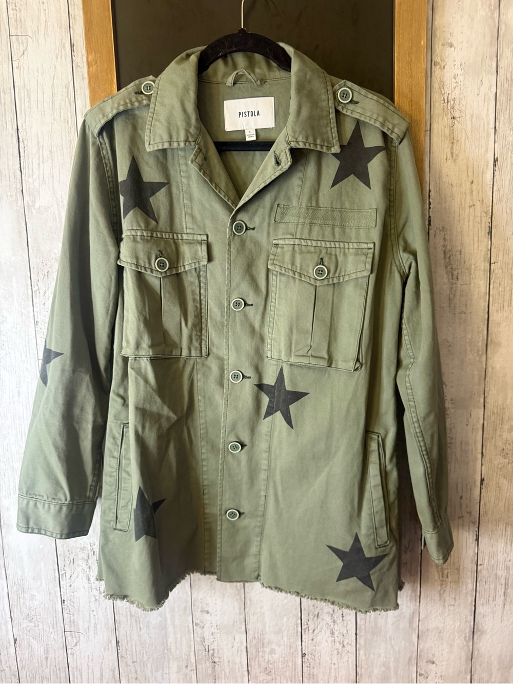 Pistola Camilo Jacket Women's large Green Military Royal Honor Stars Raw Hem